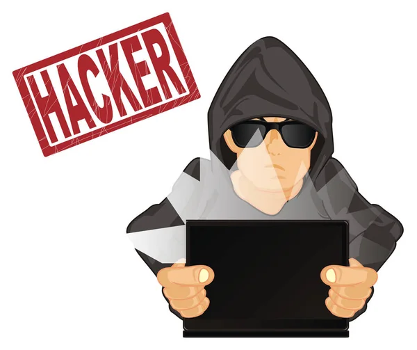 Hacker Con Ordenador Portátil Sello Rojo — Foto de Stock