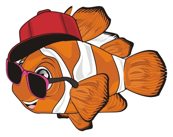 Stylisch Lächelnder Orangefarbener Clownfisch Mit Mütze Und Sonnenbrille — Stockfoto