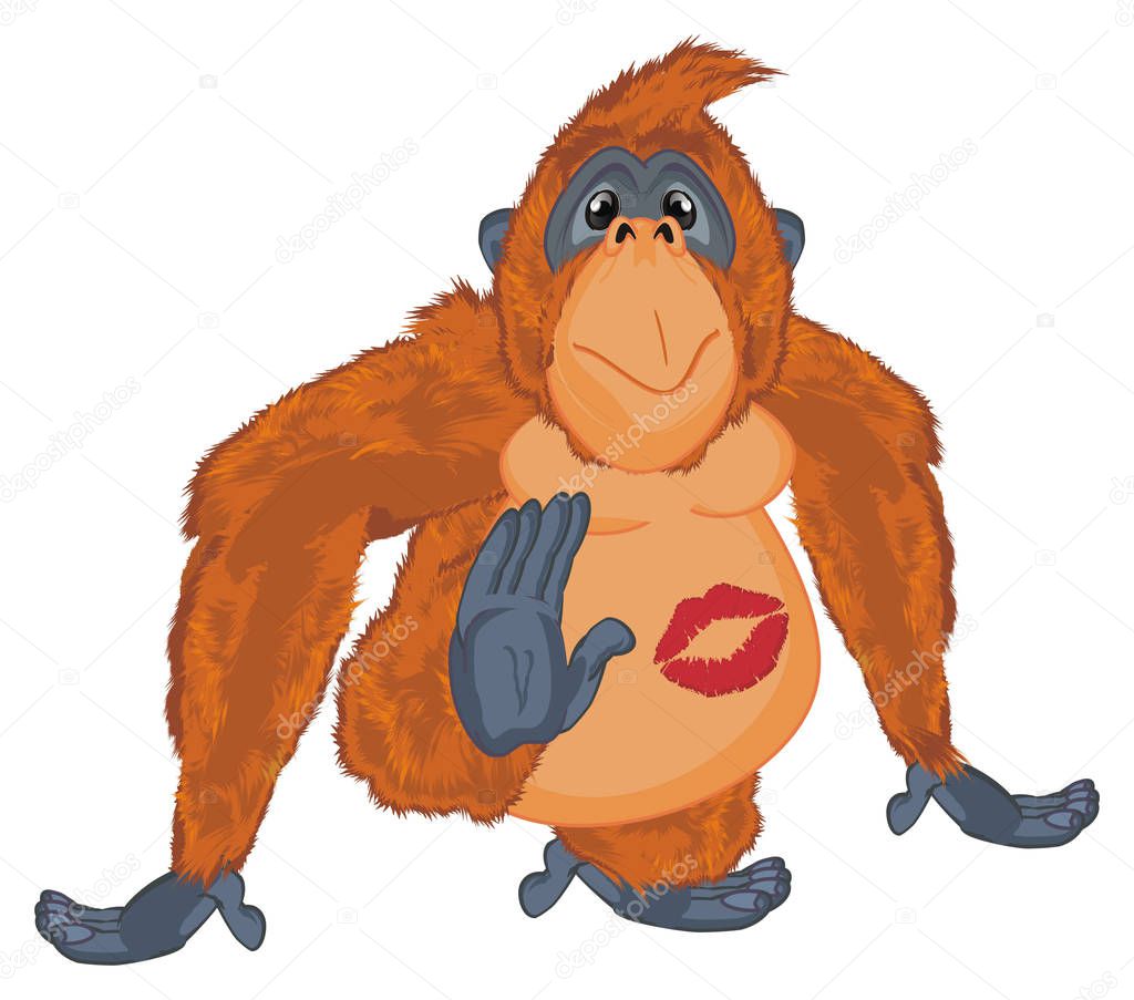 funny orange orangutan with kiss on his body