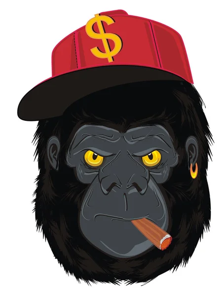 Böses Gesicht Eines Gorillas Mit Roter Mütze Und Zigarre — Stockfoto