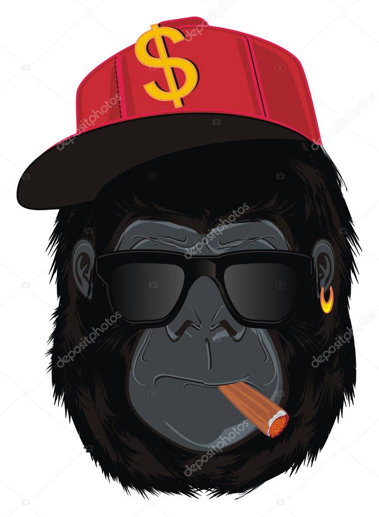 evil face of gorilla  with black and red tools