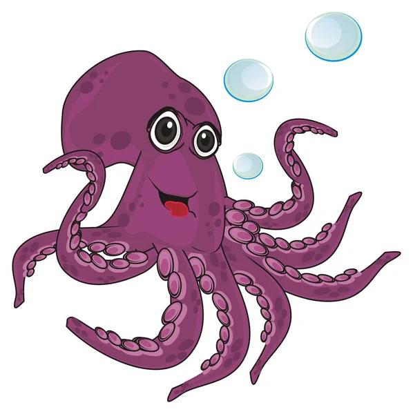 Gelukkig Purple Octopus Met Blauwe Bubbels — Stockfoto