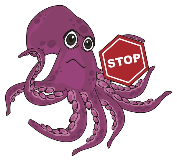 sad purple octopus with red sign stop