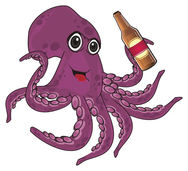 Grappige Purple Octopus Houdt Een Fles — Stockfoto