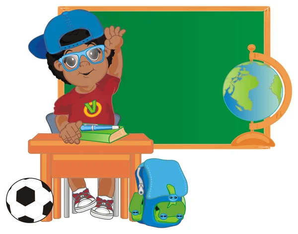 African American schoolboy at a desk with globe and backpack in class room