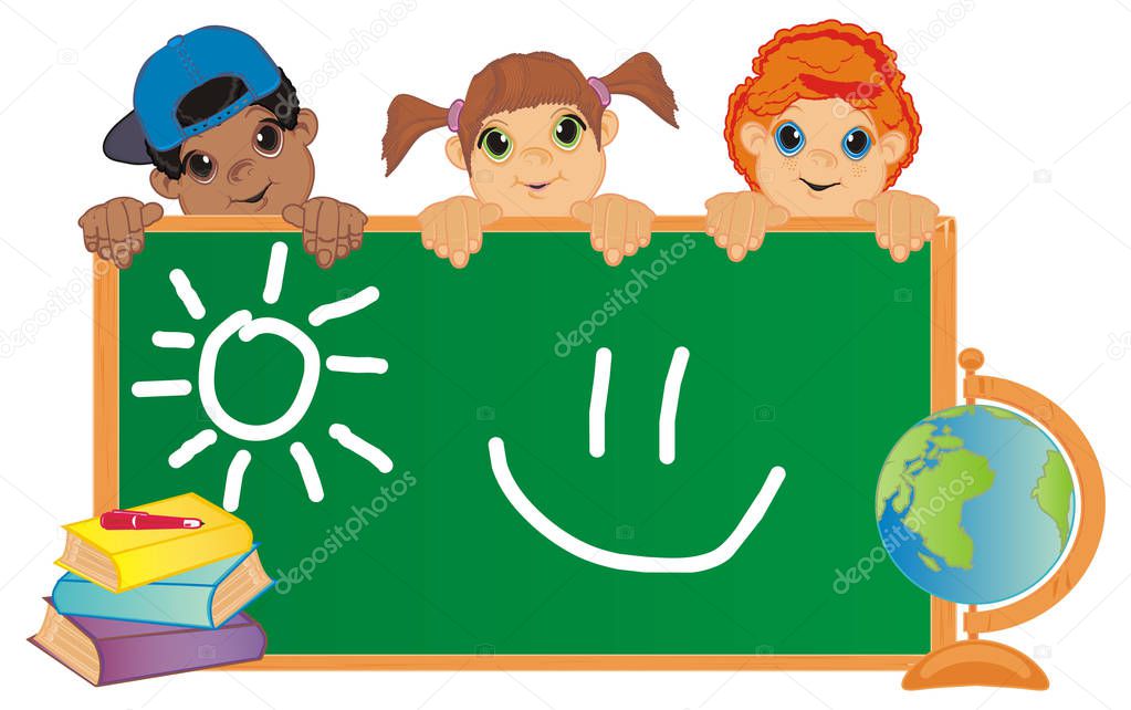children in school class and sun with smile