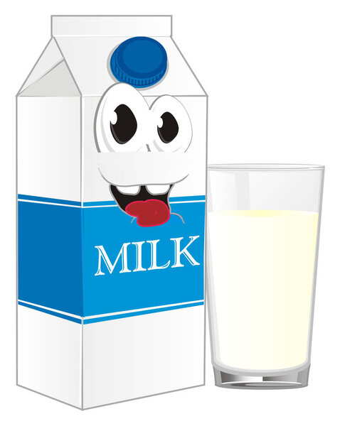 smiling carton of milk with full glass of milk