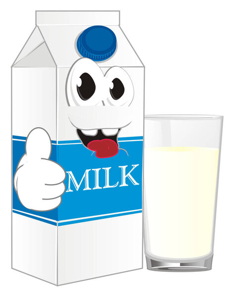 happy carton of milk with glass show gesture