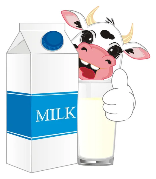 Vache Heureuse Avec Verre Lait Carton Lait — Photo