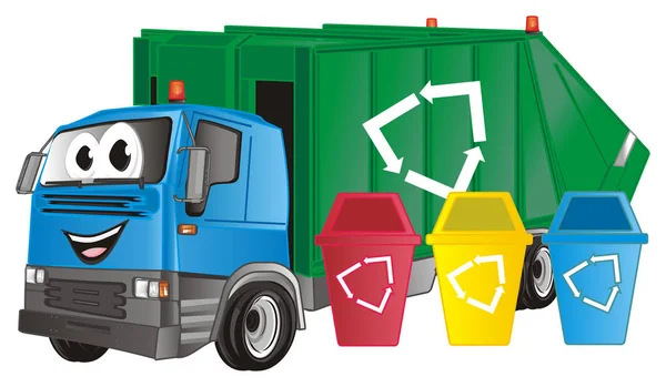 快乐的垃圾车与三个彩色垃圾桶 — 图库照片