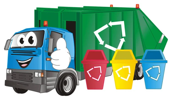 Caminhão Lixo Feliz Com Latas Lixo Gesto — Fotografia de Stock