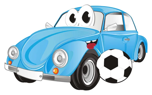 smiling blue bug car with a soccer ball