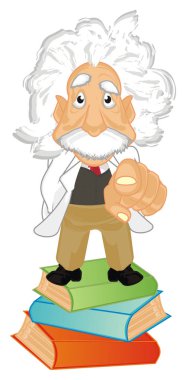 Albert Einstein kitaplar üzerinde durmak ve hareket göstermek