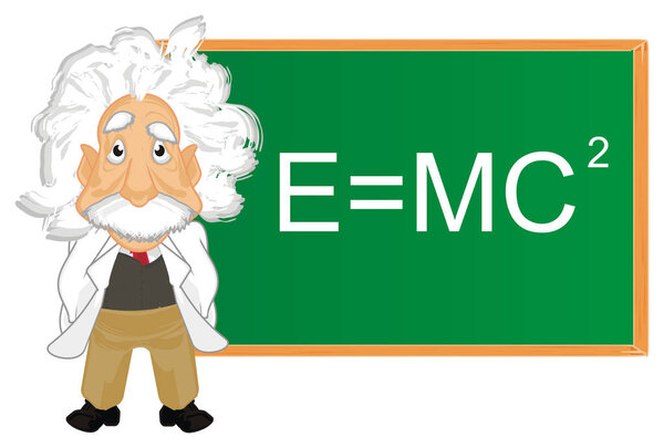 Albert Einstein stand near of board with letters