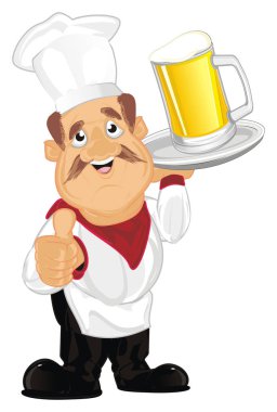 tabak ve bardak bira ile mutlu aşçı