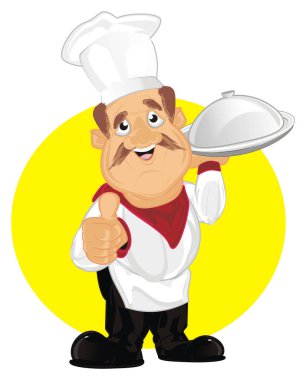 yemek ve sarı işareti ile mutlu aşçı