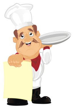 yemek ve küçük temiz kağıt ile mutlu aşçı