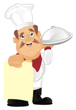 yemek ve temiz kağıt ile mutlu aşçı