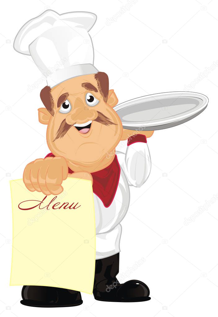 happy cook with dish and paper