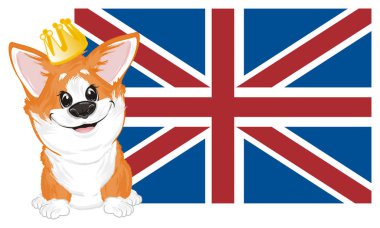 küçük komik corgi taç ve büyük İngiltere bayrağı