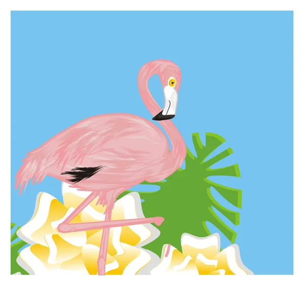 Flamingo Met Blauwe Achtergrond Bloemen — Stockfoto