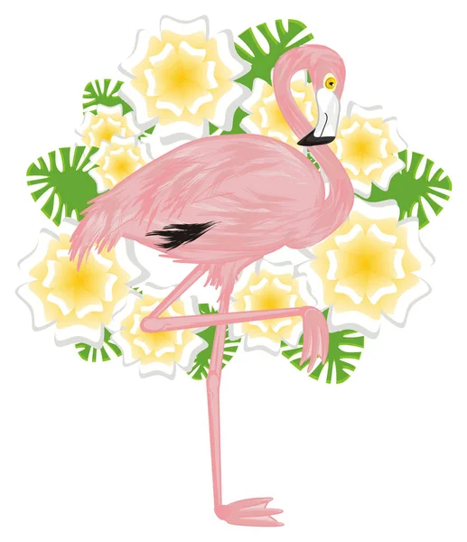 Rosa Flamingo Och Många Blommor — Stockfoto