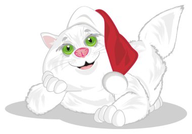 şişman kedi kırmızı tatil şapkalı gülümseyen