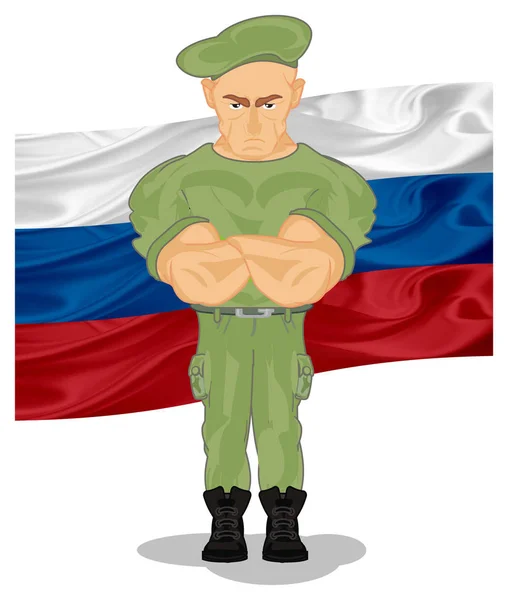 Rozzlobený Voják Stojí Vlajka Ruska — Stock fotografie