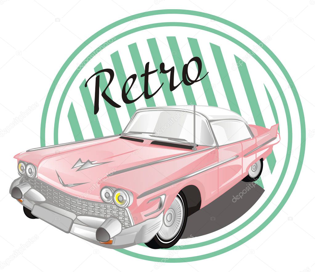 pink retro car and round banner