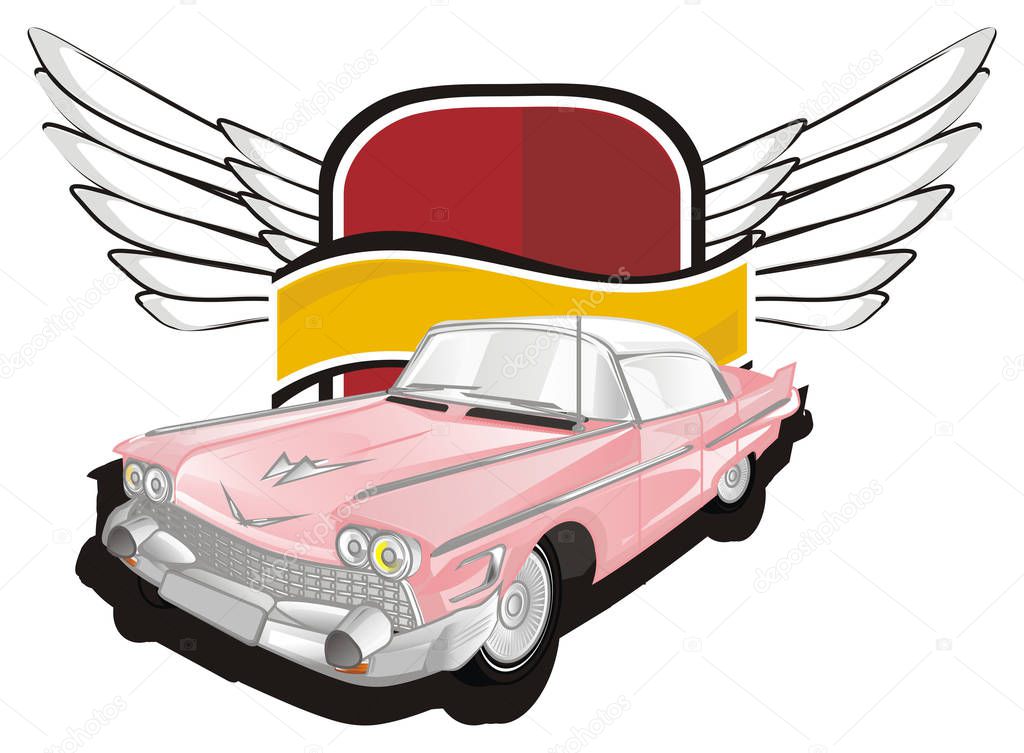 pink old car with banner with wings