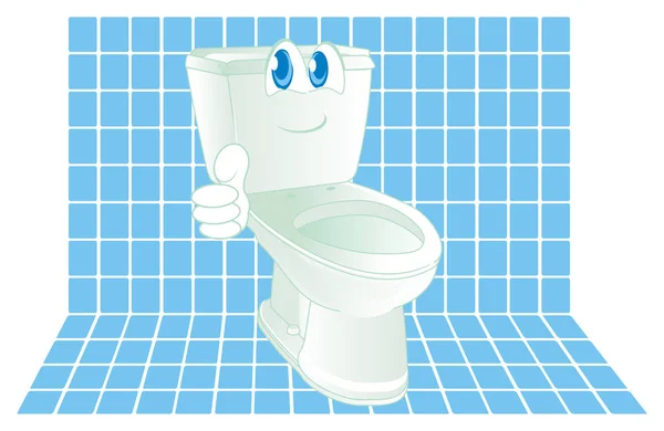 happy white clean toilet with gesture in blue bathroom