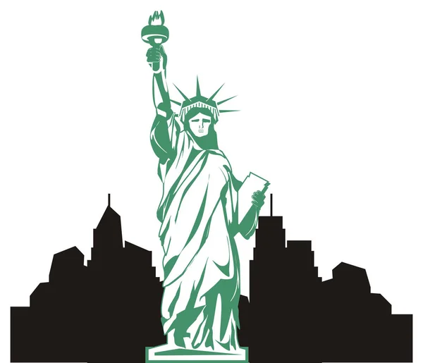 Зелена Статуя Свободи Чорна Тінь Міста — стокове фото