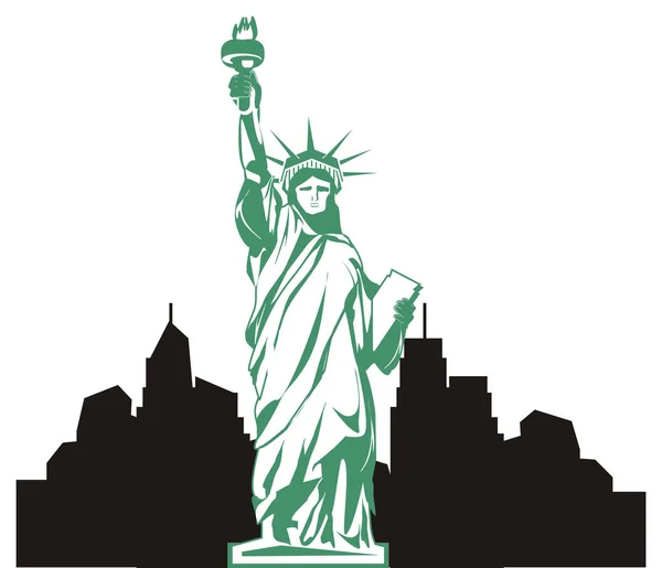 Green statue of liberty and black shadow of city — Stock Image Green Statue Liberty Black Shadow City Stock Image