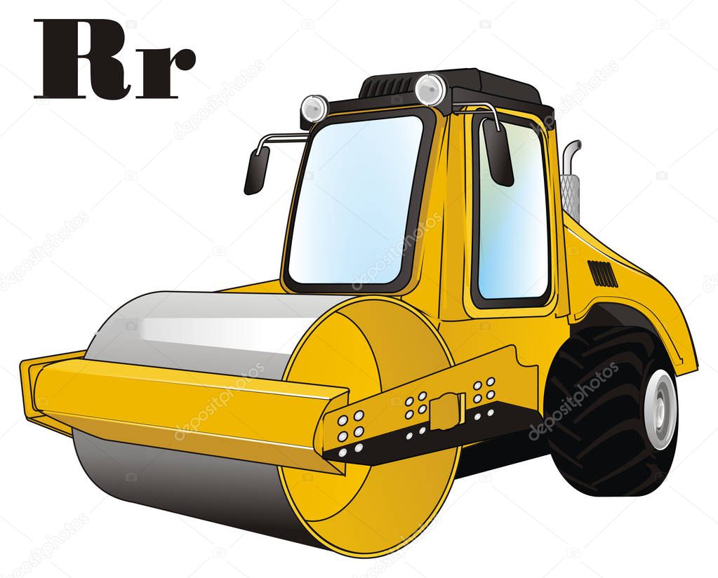yellow road roller and black letters r 