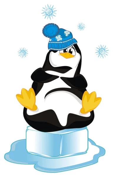 Pinguim Engraçado Chapéu Azul Tempo Inverno — Fotografia de Stock