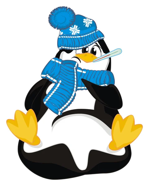 Άρρωστος Πιγκουίνος Μπλε Καπέλο Και Θερμόμετρο — Φωτογραφία Αρχείου