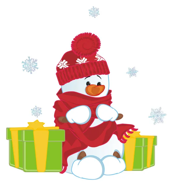 Sneeuwpop Met Sneeuwvlokken Geschenken — Stockfoto