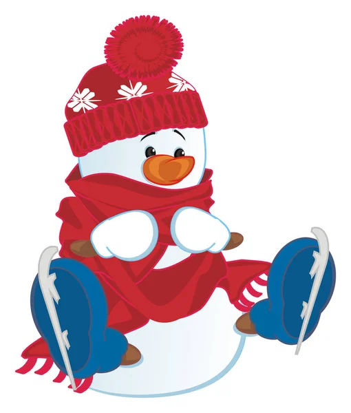Sneeuwpop Met Rode Hoed Sjaal Blauwe Schaatsen — Stockfoto