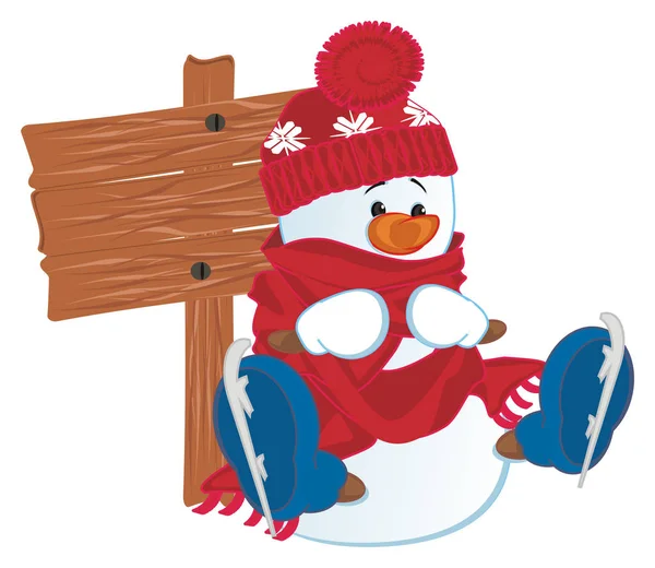 Leuke Sneeuwpop Met Houten Spandoek — Stockfoto