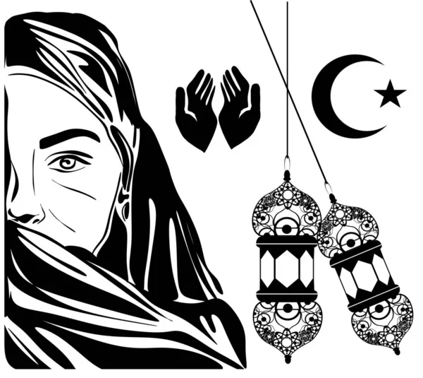 Rosto Mulher Muçulmana Três Símbolos — Fotografia de Stock