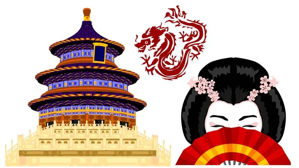 chinese woman and chinese temple with dragon