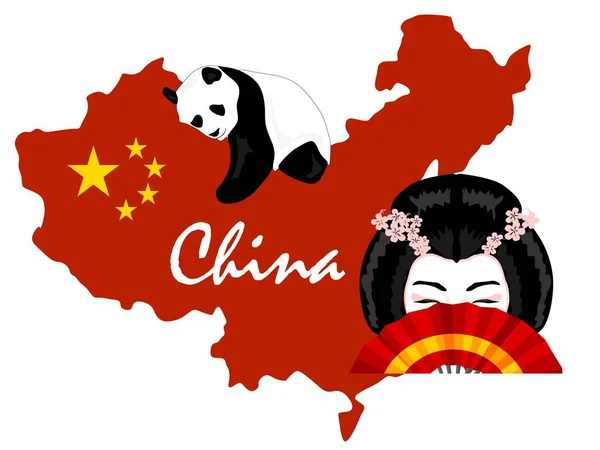 Mapa China Con Panda Mujer China — Foto de Stock