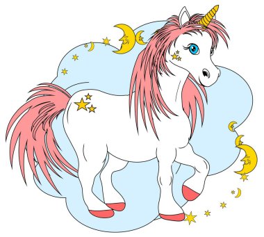 Mavi gökyüzü eşyasıyla pembe tek boynuzlu at