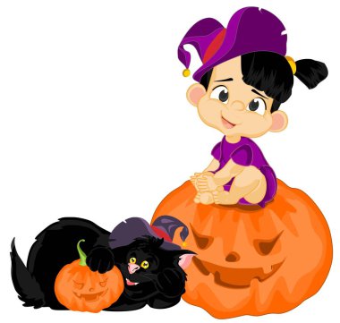 Cadılar Bayramı küçük cadı ve küçük kedi