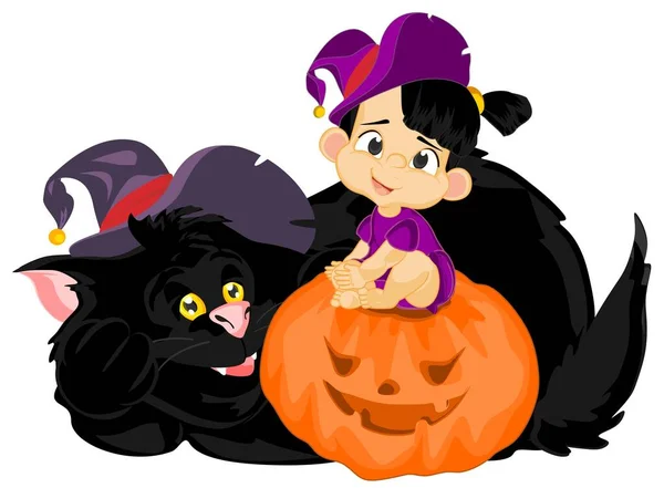 Halloween Pequeña Bruja Gran Gato — Foto de Stock