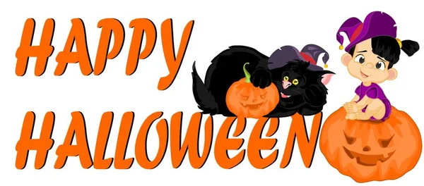 Хеллоуинская Маленькая Ведьма Толстая Черная Кошка — стоковое фото
