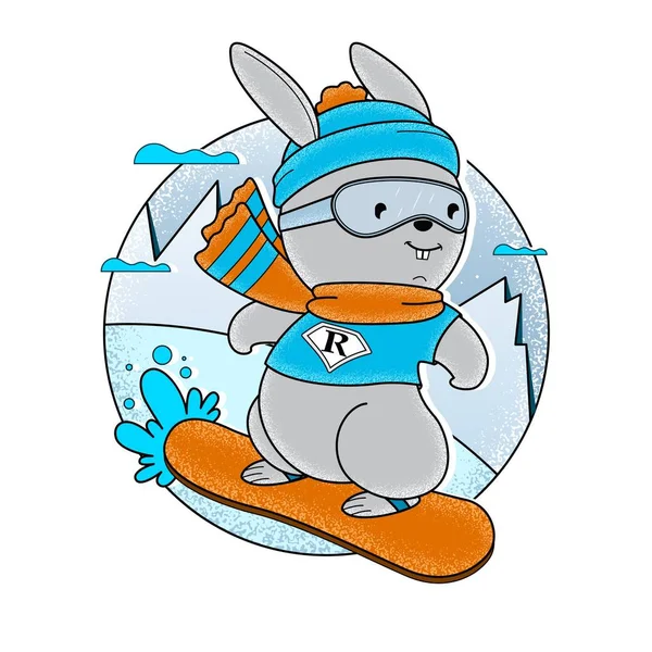 Lindo Sketch Bunny con Snowboard, Botas y gafas de esquí. Conejo divertido Snowboarder sobre un fondo blanco aislado. Ilustración vectorial. Dibujo de Mano Libre. Dibujo a mano alzada. Deportes de invierno extremos . — Vector de stock