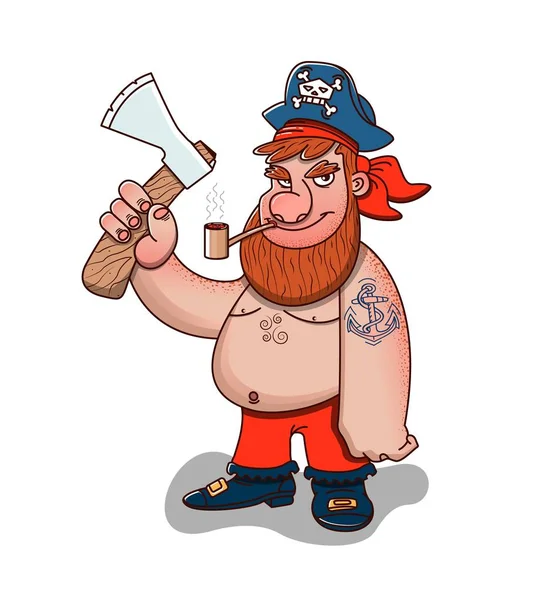 Ilustração de um pirata masculino pisando em um baú de tesouro enquanto segurava uma bandeira pirata em branco —  Vetores de Stock