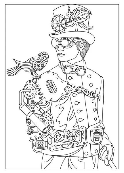 Un hombre con un pájaro al estilo de steampunk — Vector de stock