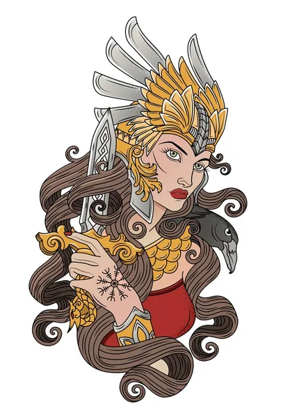 Valkyria elinde bir kılıç ve bir karga ile vikingler